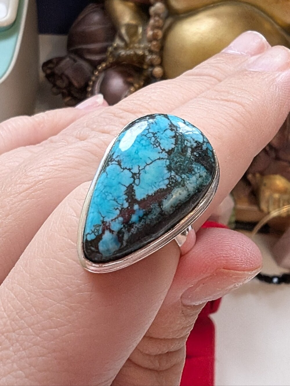 Vintage Handcrafted ArtisanTurquoise Teardrop Sterling Ring Size 8.75